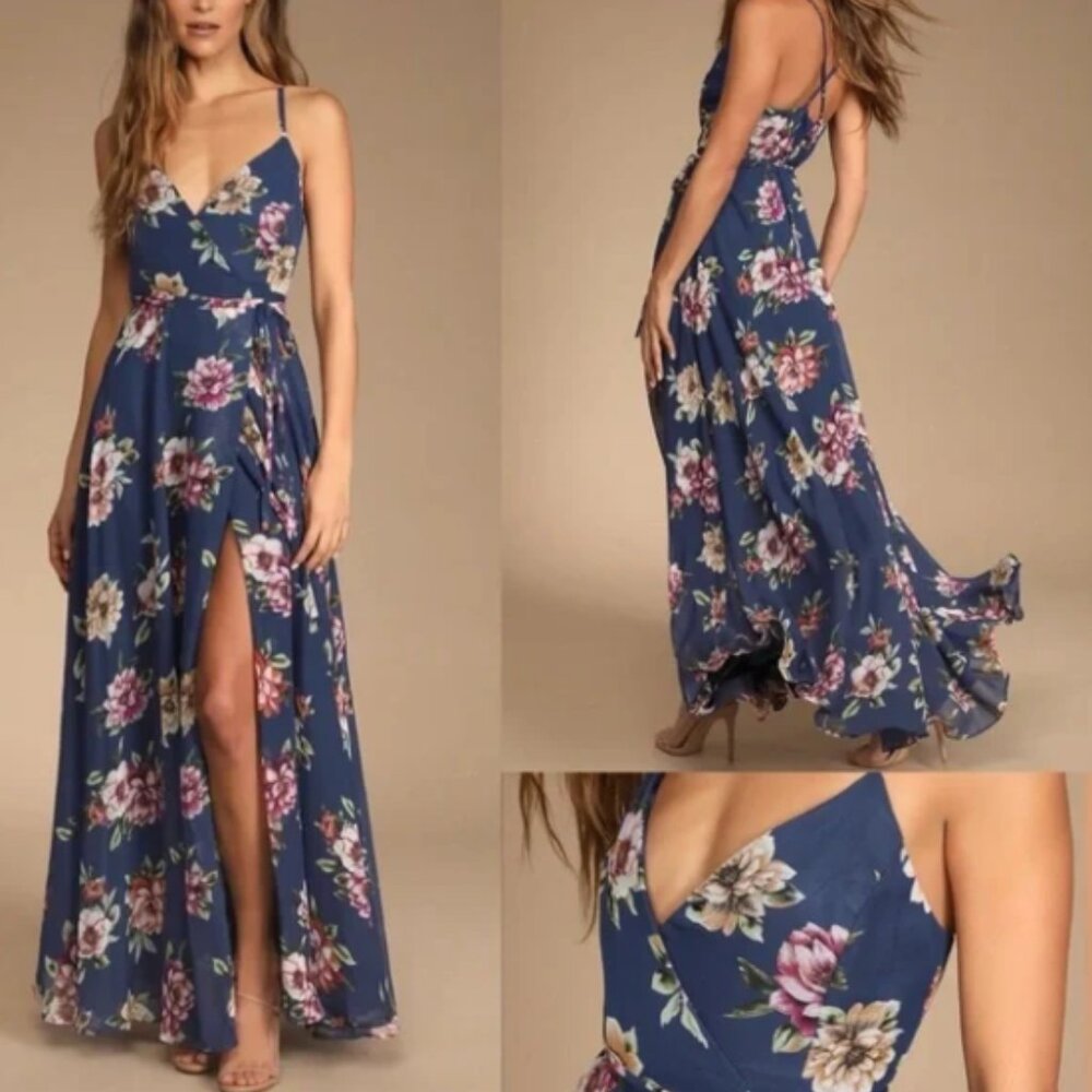 Lulus Always There For Me Navy Blue Floral Print Wrap Maxi Dress Small Wedding